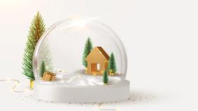 Weihnachtliche Schneekugel mit kleiner goldener Hütte, Tannenbäumen und Schneelandschaft auf hellem Hintergrund. Daneben liegt eine Lichterkette. Die Grafik vermittelt festliche Stimmung zur Weihnachtszeit.