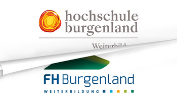FH Burgenland Weiterbildung wird zur Hochschule Burgenland Weiterbildung Symbolische Darstellung des Rebrandings: Das Logo der FH Burgenland Weiterbildung wird durch ein aufgerolltes Papier teilweise aufgedeckt und durch das neue Logo der Hochschule Burgenland Weiterbildung ersetzt.