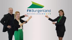 Drei Personen – Georg Pehm, Daniela Schuster und Bettina Schauer-Frank – präsentieren gemeinsam das neue Logo „FH Burgenland Weiterbildung“ auf weißem Hintergrund als Symbol für den Markenrelaunch und die gestärkte akademische Positionierung.