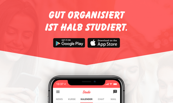 Rote Werbegrafik mit dem Slogan „Gut organisiert ist halb studiert.“ und den Logos der App-Stores. Darunter ist ein Smartphone mit der geöffneten Studo-App zu sehen. Die Grafik bewirbt die digitale Studienorganisation per App.