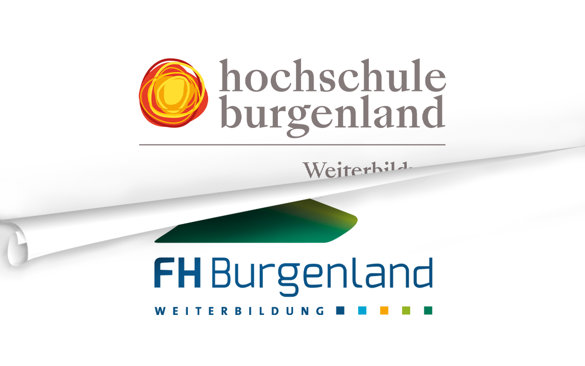 Symbolische Darstellung des Rebrandings: Das Logo der FH Burgenland Weiterbildung wird durch ein aufgerolltes Papier teilweise aufgedeckt und durch das neue Logo der Hochschule Burgenland Weiterbildung ersetzt.